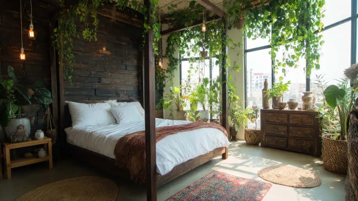 Eco-friendly double-bedroom farmhouse with natural wood interiors, indoor greenery, and energy-efficient design for sustainable, comfortable living.